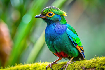 Fototapeta premium A forest-dwelling bird with emerald green and sapphire blue feathers