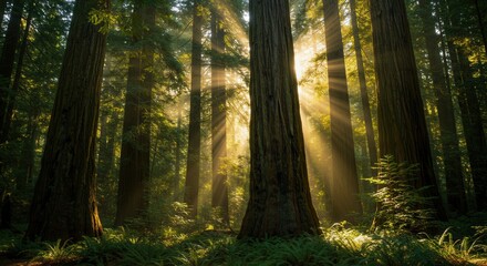 Sunlight Streaming Through Redwood Trees in a Tranquil Forest