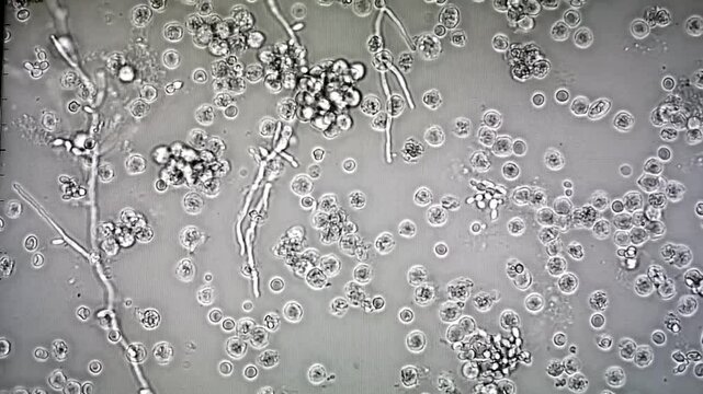 Microscopic footage of urinalysis showing plenty Pus cells, plenty bacteria and few crystal and cast. Urinary tract infection.