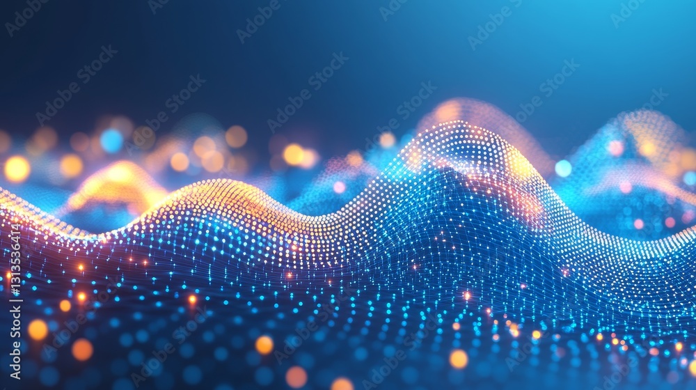 Poster abstract digital landscape with glowing particles flowing waves for modern technology innovative bac