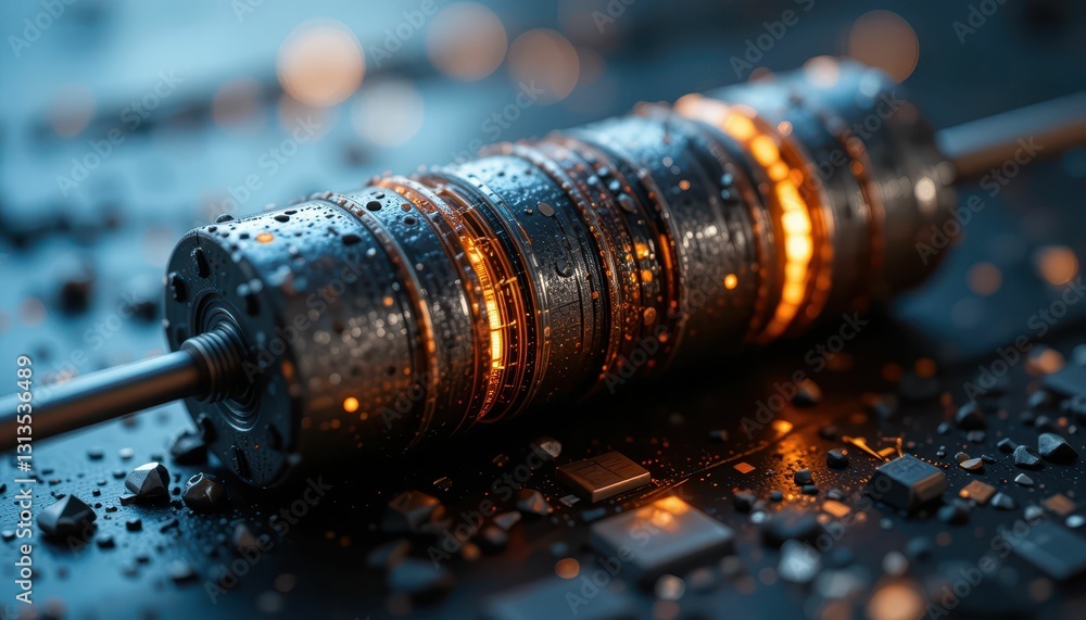 Poster close-up of a high-tech electronic component with water droplets