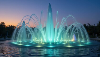 Majestic Water Fountain Displaying Colorful Lights at Dusk
