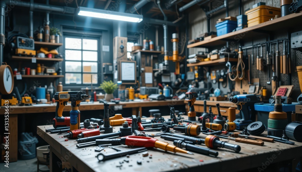 Aufkleber detailed view of a workshop table filled with various tools