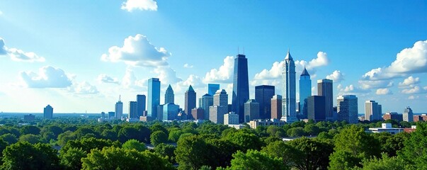 Stunning Atlanta cityscape, bright blue sky, iconic buildings, landscape, usa