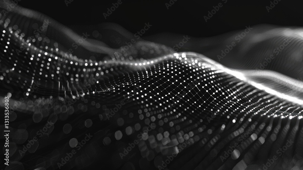 Poster a striking futuristic grid design featuring a white crystalline pattern on a deep black background. 