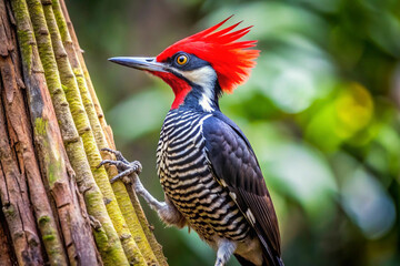 Obraz premium A medium sized woodpecker with a black and-white striped back and a vibrant crimson