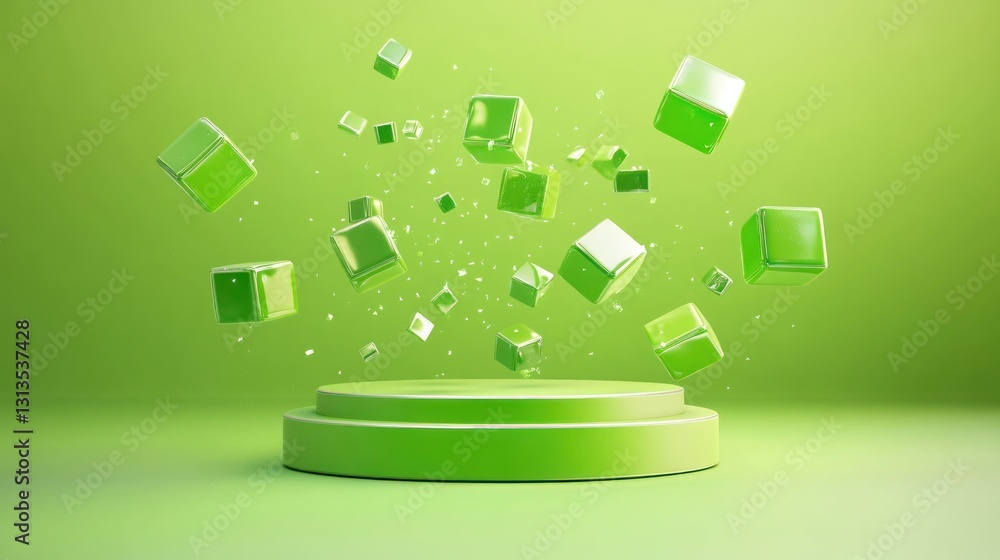 Aufkleber abstract 3d green cubes levitating on pedestal. possible use background for product presentation