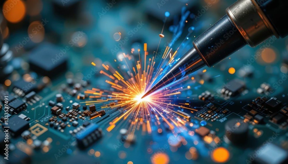 Poster spark of innovation in electronics circuit board with soldering pen