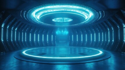 Obraz premium Futuristic Sci-Fi Interior, Blue Light, Empty Stage, 3D Render, Background, Promotional Use