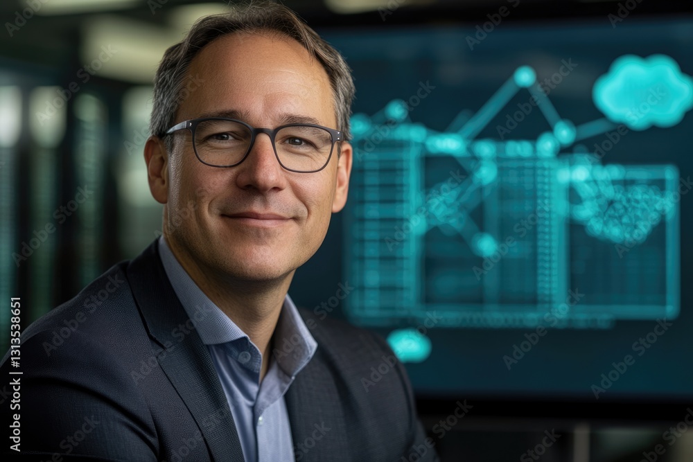 Poster a confident businessman, wearing glasses, smiles gently in front of a screen displaying data graphs 