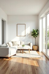 Fototapeta premium Sleek white walls, hardwood floors, minimalist furniture, modern, clean, minimal design