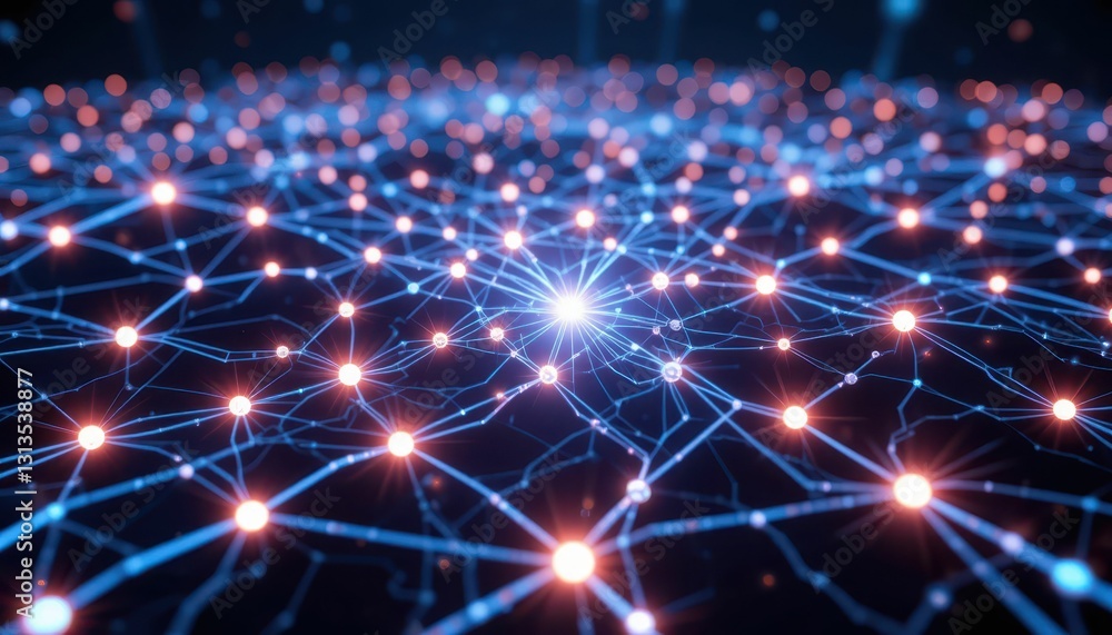 Poster illuminated network of nodes and connections in dark space