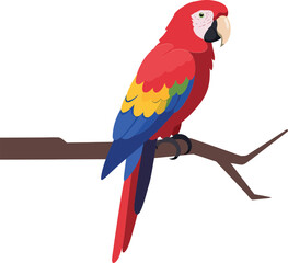 Fototapeta premium Vibrant red parrot perched on a branch showcasing detailed flat vector art with colorful feathers and a lively expression in a natural setting