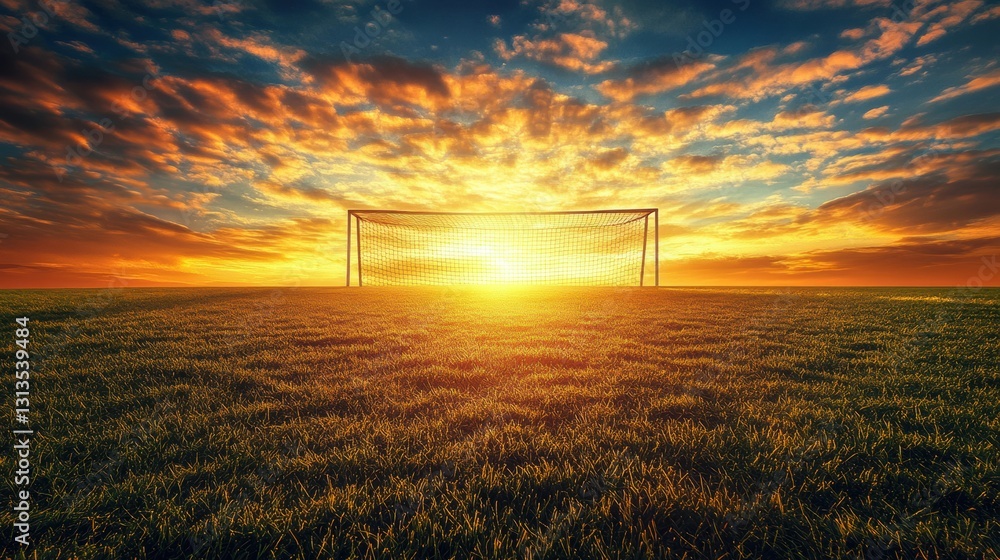 Poster Soccer field at sunrise with golden light and serene cloud patterns in the sky Generative AI
