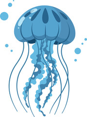 Fototapeta premium Blue jellyfish gracefully swimming in a serene ocean setting, showcasing a flat design style in vibrant colors, vector illustration