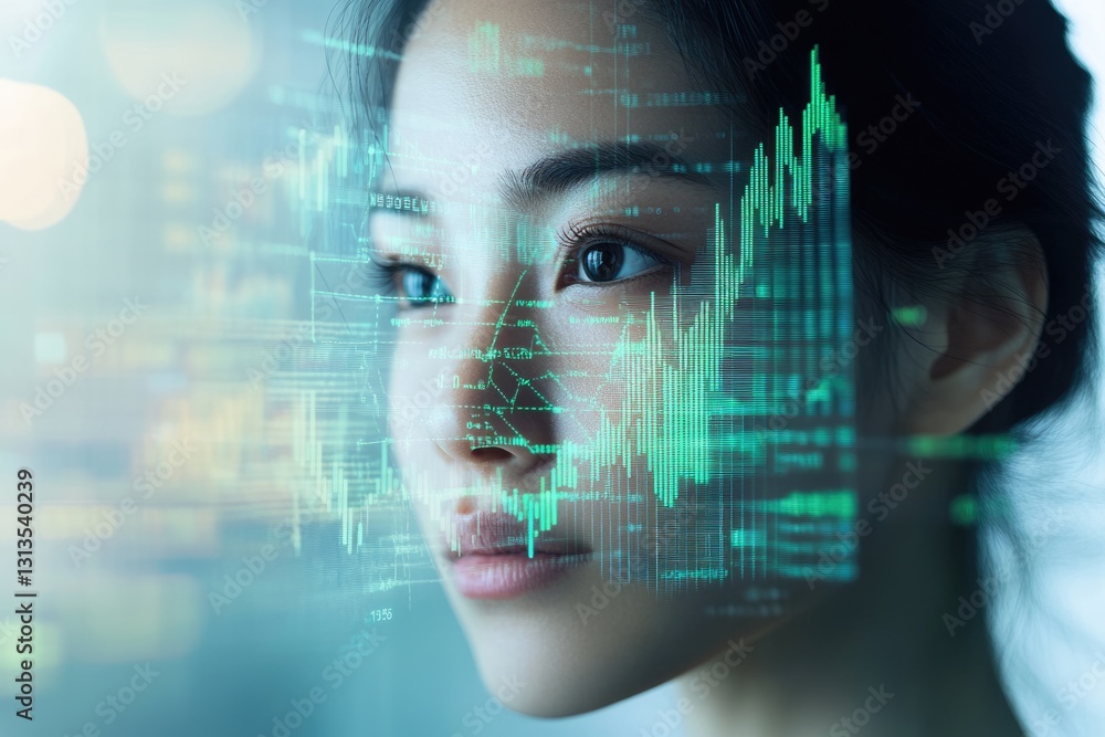 Poster a woman's face is superimposed with a futuristic, data-driven overlay of financial charts and graphs
