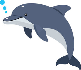 Fototapeta premium Playful dolphin swimming joyfully in clear blue water, showcasing a flat design style with bubbles floating around, vector illustration