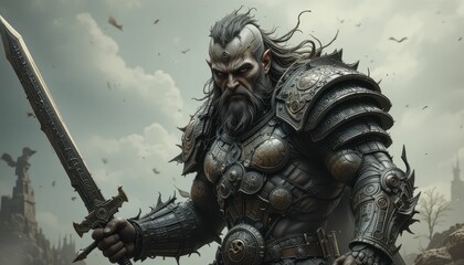 Fierce Warrior in Ancient Armor with Sword in a Dramatic Landscape
