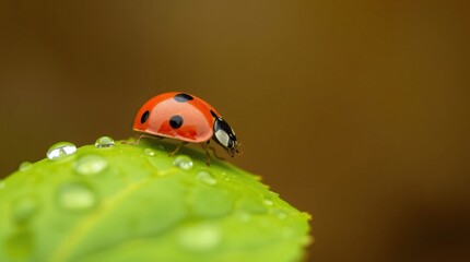 Fototapeta premium ladybug, tiny and bright red with black dots, gently moving across a dew-kissed green leaf