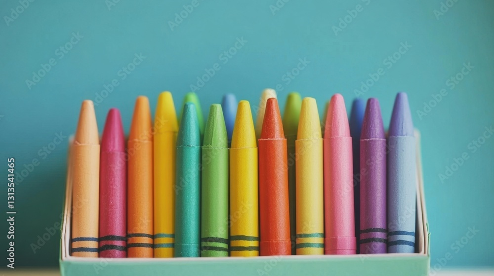 Poster soft pastel crayons in an open box, arranged in gradient colors, with empty space for writing a mess