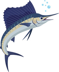 Colorful marlin fish swimming gracefully in clear water, showcasing flat design style, perfect for marine-themed vector art