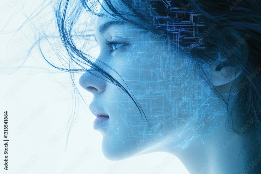 Poster a woman's profile superimposed with a circuit board, representing the merging of technology and huma