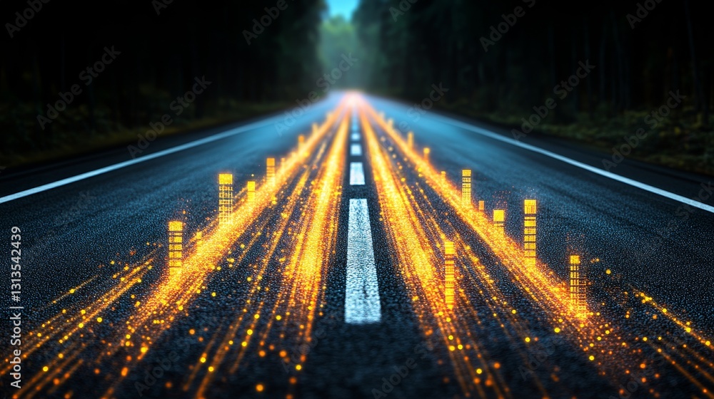 Poster nighttime highway with reflective road markers creating a dynamic perspective towards an illuminated