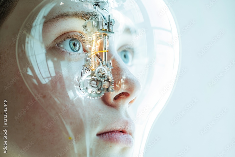 Poster a futuristic image of a person with intricate clockwork machinery integrated into their face, symbol
