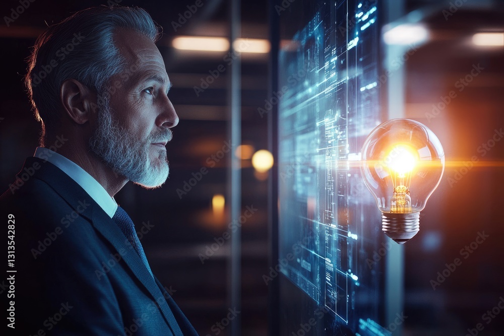 Poster a businessman contemplates a bright idea displayed on a futuristic digital interface, symbolizing in