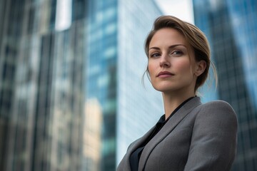 Fototapeta premium Confident businesswoman in a grey suit stands in front of a modern cityscape, exuding power and success.