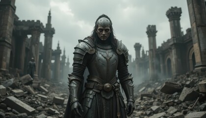 Determined Warrior in Ancient Ruins Wearing Heavy Armor