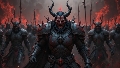 Naklejka premium Fierce Warrior in Dark Armor Leading a Fiery Battle Scene
