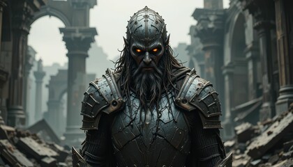 Mysterious Warrior in Ancient Ruins with Fiery Eyes and Armor