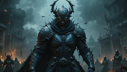 Fototapeta premium Dark Fantasy Warrior in Armor with Glowing Eyes against Fiery Background