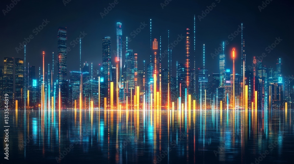 Aufkleber futuristic cityscape with vibrant digital data streams and shimmering water reflections for technolo