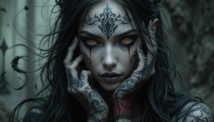 Mysterious Woman with Intricate Tattoos and Striking Eyes