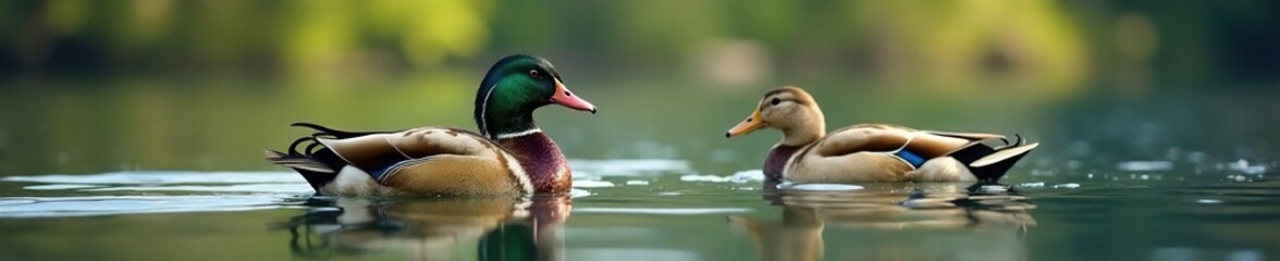 Emperor ducks swimming gracefully on a calm lake, animal kingdom, wing, surface
