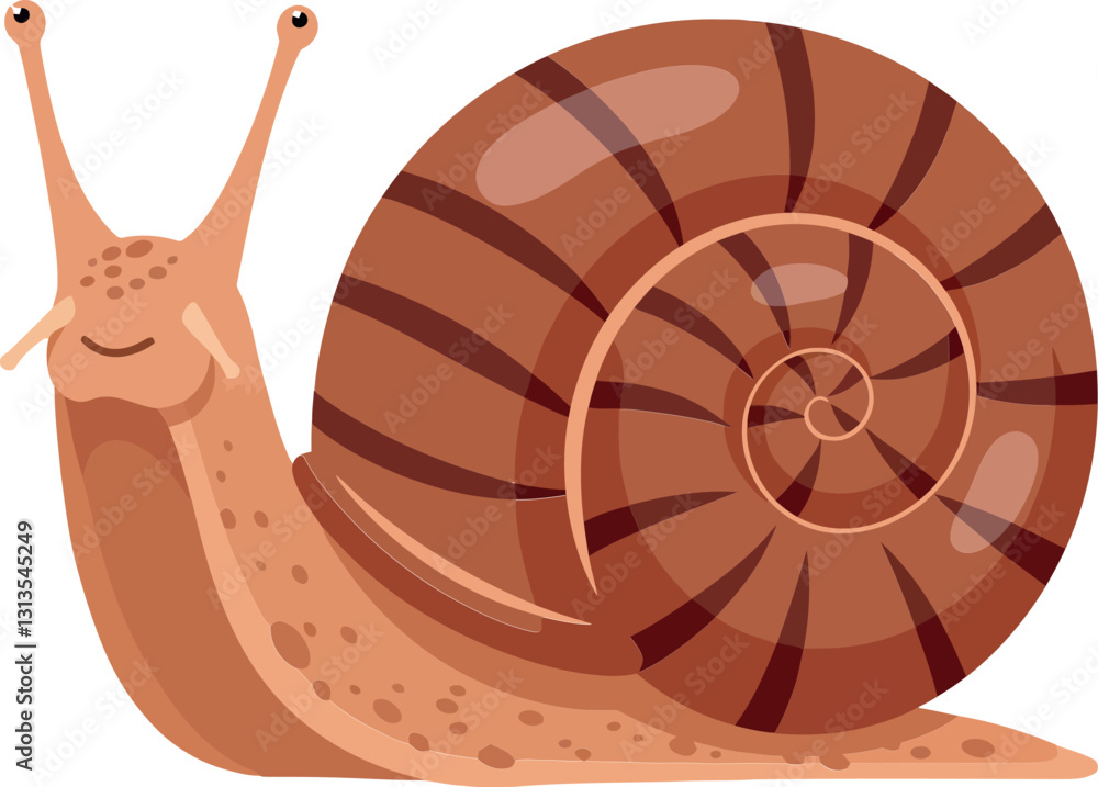 Poster a smiling brown snail with a spiral shell in detailed flat vector art showcasing its friendly demean