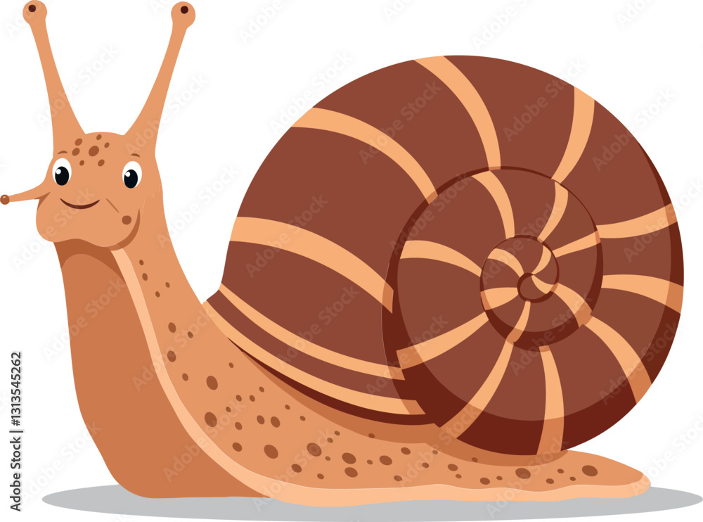 Poster friendly snail character with a large spiral shell in flat, colorful design style vector illustratio