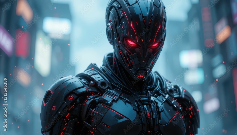 Poster futuristic cybernetic robot with red glowing eyes in urban setting