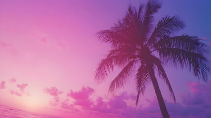 Fototapeta premium Serene Sunset Over Ocean with Silhouetted Palm Tree in Sky Hues
