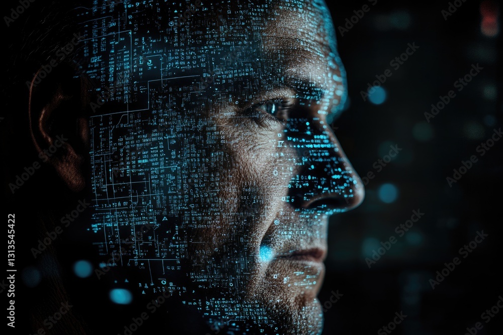 Poster a man's face is overlaid with a futuristic digital code, symbolizing technological integration with 
