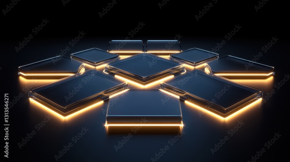 Poster symmetric arrangement of floating geometric panels with neon-lit paths connecting them, glowing in a