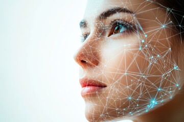 A woman's face is overlaid with a glowing network, symbolizing digital connectivity and technological advancement in beauty and skincare.