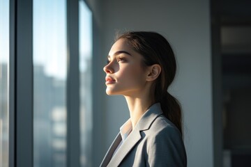 Fototapeta premium A young woman in a grey blazer looks out a window, bathed in sunlight, contemplating the future.