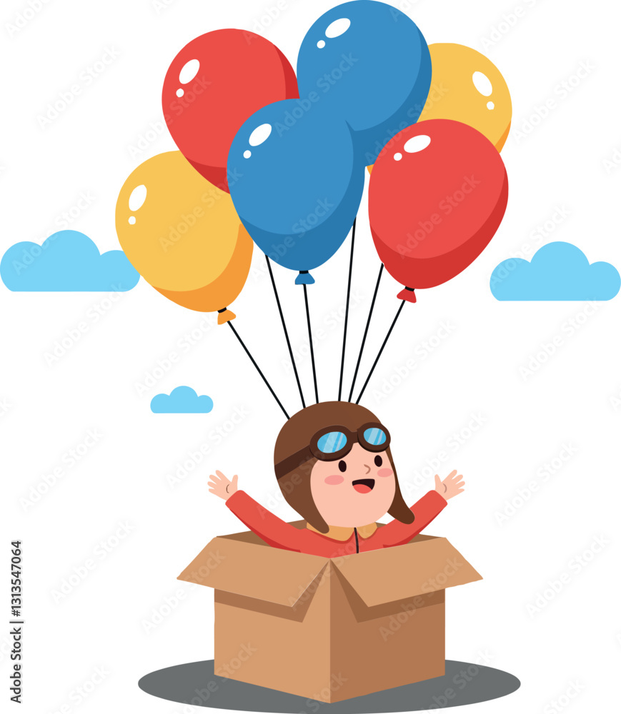 Poster a joyful child in a cardboard box with colorful balloons soaring into the sky in a flat vector illus