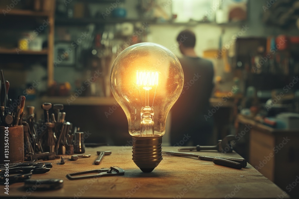 Poster bright idea in a workshop, illuminating creativity and innovation with tools nearby.