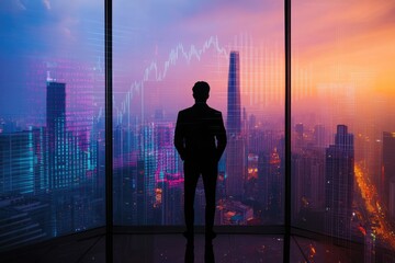 Naklejka na ściany i meble Silhouette of a businessman looking at a city skyline at sunset with overlaid stock market data.