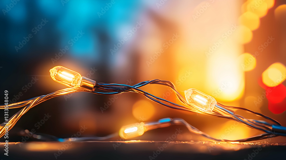 Poster glowing string lights with warm colors creating a soft blurred background