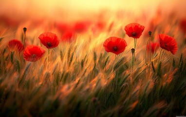 Naklejka premium Bright red poppies bloom in golden wheat field during sunset near a rural landscape